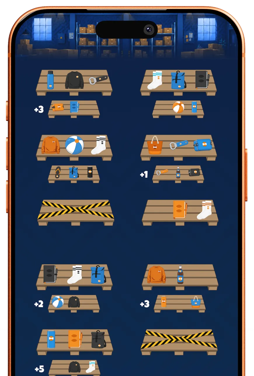 Mockup eines Smartphones mit dem Spiel Spezi Mission Merch!